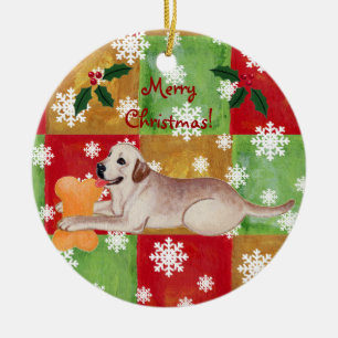 Gelbe Labrador-Weihnachtsmosaik-Schneeflocke Keramik Ornament