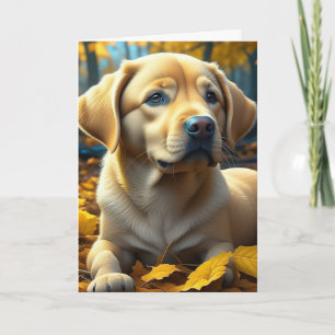 Gelbe Labrador Welpen Hund spielen in Herbstlauben Karte