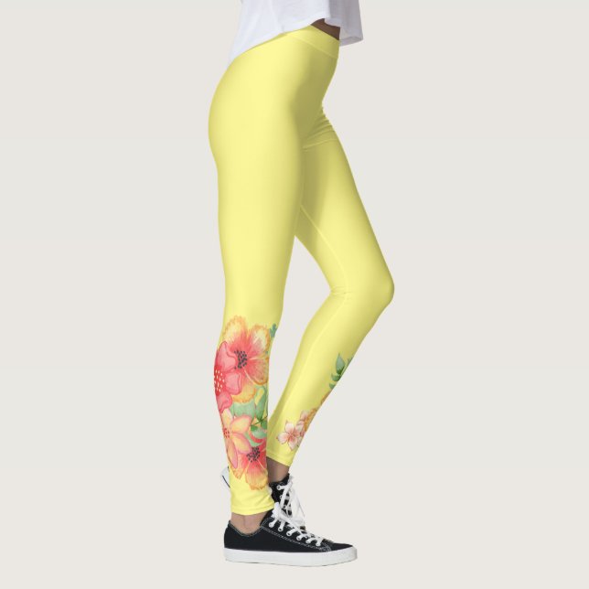 Gelbe Leggings mit tropischen Blume in rosa Pfirsi (Rechts)