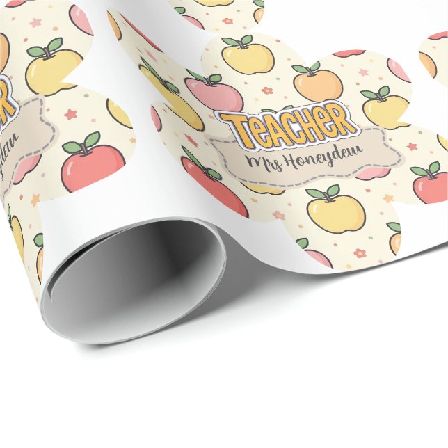 Gelbe Lehrer Schule Apfel Muster  Geschenkpapier (Rolleneckpunkt)