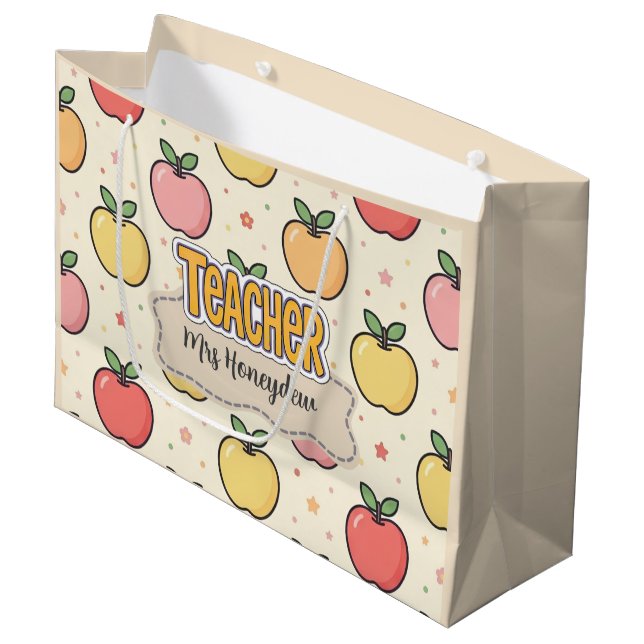 Gelbe Lehrer Schule Apfel Muster  Große Geschenktüte (Vorderseite Schrägansicht)