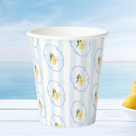 Gelbe Lemon aus dem Mittelmeer und Blaue Bögen Pappbecher