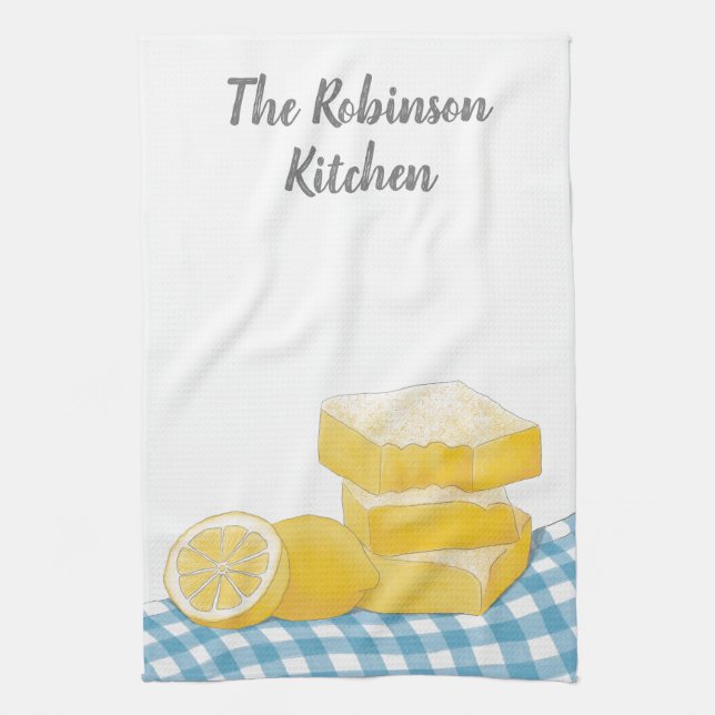 Gelbe Lemon-Bar mit blauer Karierter Rustikal Geschirrtuch (Vertikal)