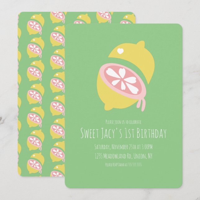 Gelbe Lemon mit Herz Sweet Birthday Einladung (Vorne/Hinten)