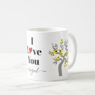 Gelbe Liebesvögel, Graukirschbaum mit Blüten Kaffeetasse
