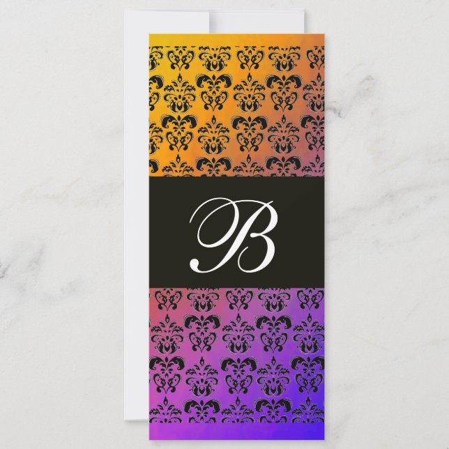 GELBE LILA BLUE BLACK DAMASK MONOGRAMM, weiß Einladung (Vorderseite)