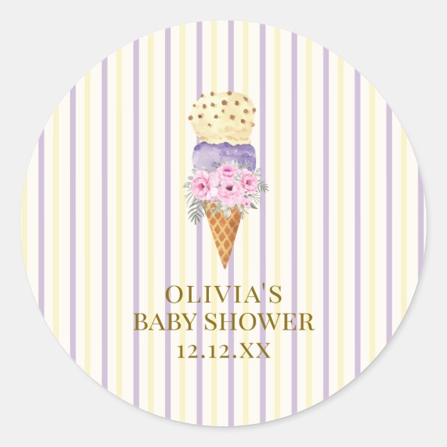 Gelbe Lila Blume Scoop Ice Cream Baby Dusche Runder Aufkleber (Vorderseite)