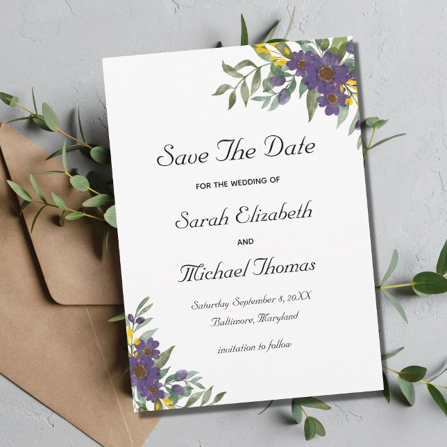 Gelbe Lila Blumenhochzeit Speichern Sie die Datums Save The Date (Von Creator hochgeladen)