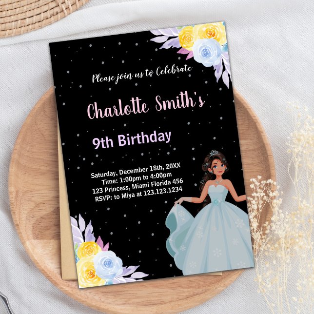 Gelbe Lila BlumenPrinzessin zum Geburtstag Einladung (Yellow Purple Floral Princess Birthday Invitations)
