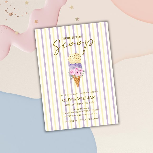 Gelbe Lila Blütenschaufel Eiscreme Babydusche Einladung (Yellow Purple Floral Scoop Ice Cream Baby Shower Invitation)
