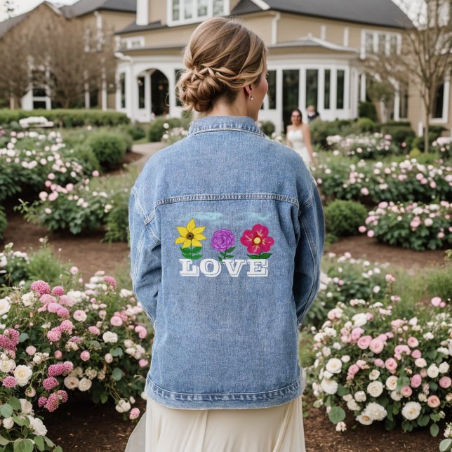Gelbe Lila Fushia-Blume Liebe Jeansjacke (Hochzeit Rückseite)