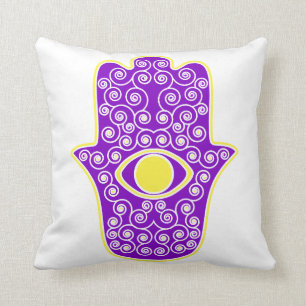 Gelbe lila Hamsa-Hand der Miriam-Hand von Fatima Kissen