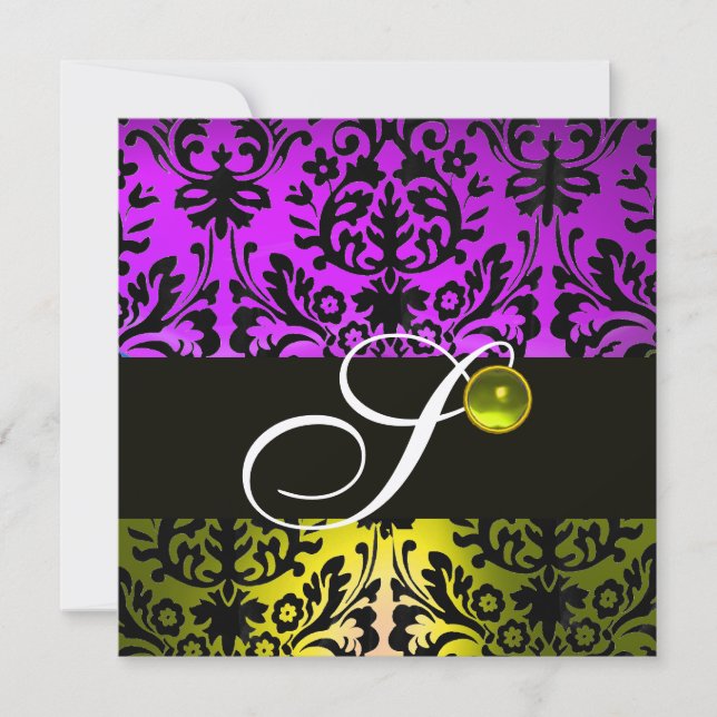 GELBE LILA SCHWARZE DAMASK MONOGRAM TOPAZ Gold Einladung (Vorderseite)