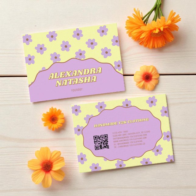 Gelbe Lila Y2K-Blume Handgefertigte Kleidung Visitenkarte (Yellow Purple Y2K Flower Handmade Clothing Business Card)