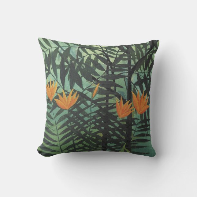 Gelbe Lilien mit Palmen auf blauem Rousseau Kissen (Vorderseite)