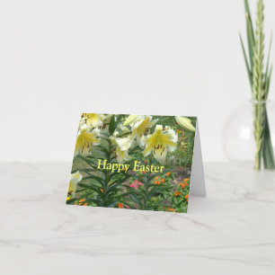 GELBE LILILIEN IN GARTEN, "GLÜCKLICH OSTERN" (FOTO FEIERTAGSKARTE