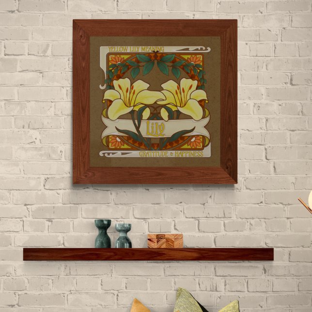 Gelbe Lily Viktorianische Blume Dankbarkeit Glück Poster (Yellow Lily Flower Meaning Vintage Style Dark Background Poster - Gratitude and Happiness)