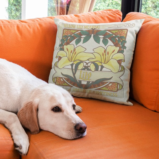 Gelbe Lily Vintage Blume Dankbarkeit Glück Kissen (Yellow Lilies Vintage Floral Throw Pillow: Victorian Flower Meaning Gratitude and Happiness )