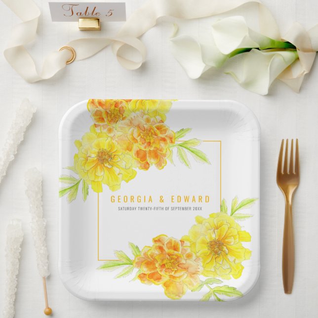 Gelbe Marigold Aquarell Blume Hochzeitsplatz Pappteller (Hochzeit)