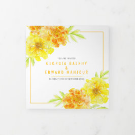 Gelbe Marigold Wasserfarbe Blume Hochzeit Dreifach Gefaltete Einladung