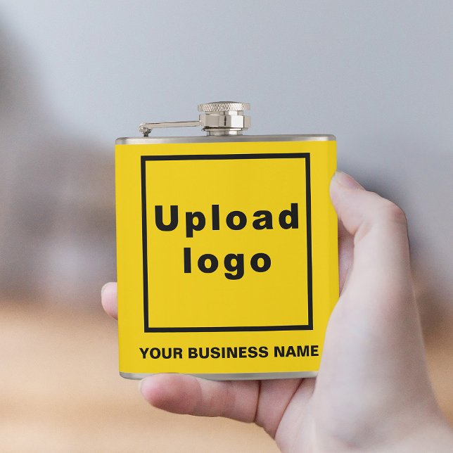 Gelbe Markenbezeichnung auf Vinyl Wrapped Flask Flachmann (Your business name and logo on yellow vinyl wrapped flask.)