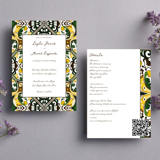 Gelbe, mediterrane Kachel in einer Hochzeit Einladung (Green yellow Portuguese  Mediterranean folk ornament tile boho all in one wedding Invite template)