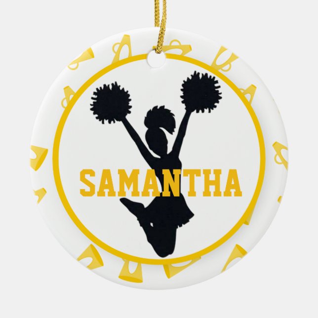 Gelbe Megaphone und Cheerleader personalisiert Keramikornament (Vorne)