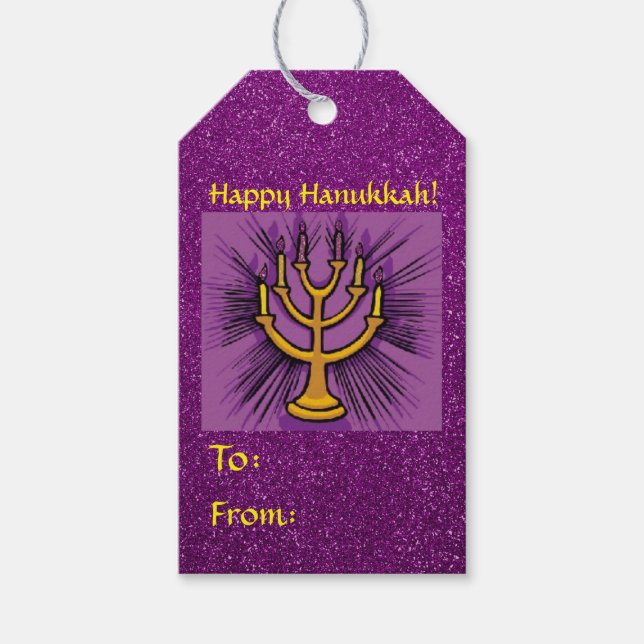 Gelbe Menorah Lila Imitate Glitzer Geschenkanhänger (Vorderseite)