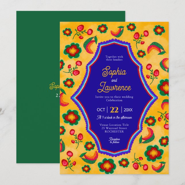 Gelbe mexikanische Hochzeitseinladung Einladung (Vorne/Hinten)