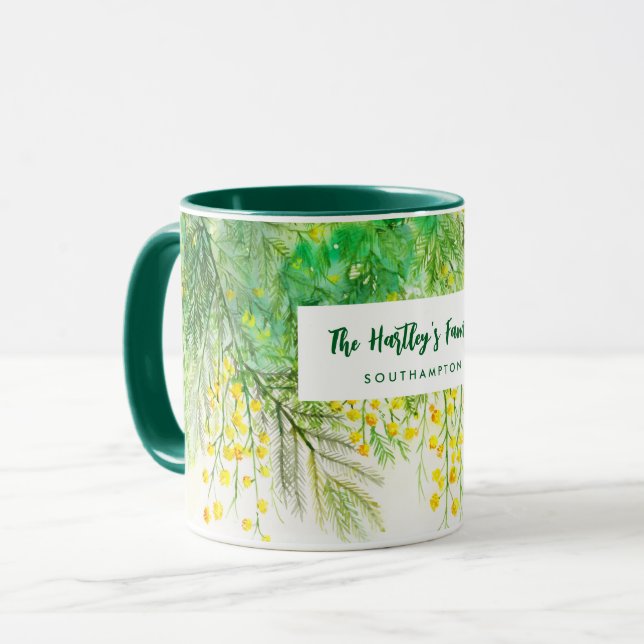 Gelbe Mimosa Floral Aquarellmalerei Tasse (Vorderseite Links)