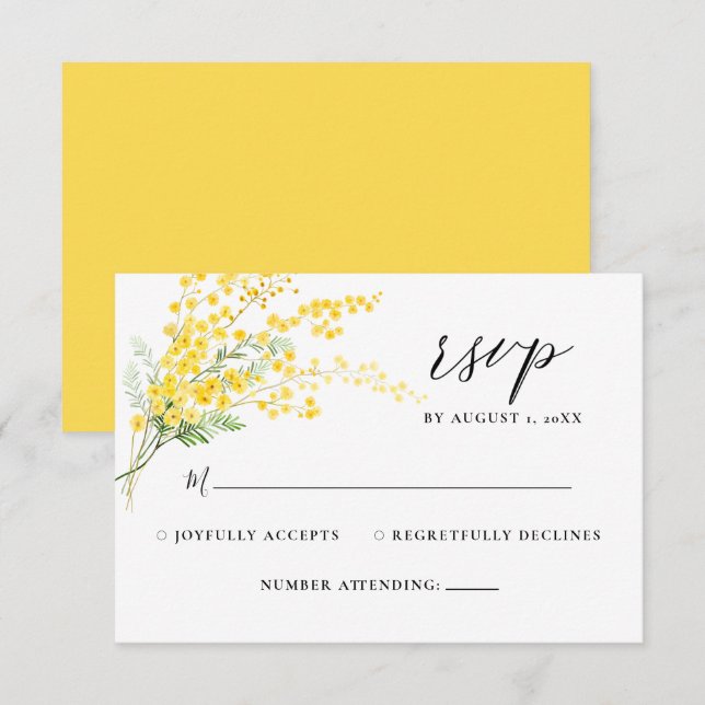 Gelbe Mimosa Frühlingsblumen Hochzeit RSVP Karte (Vorne/Hinten)