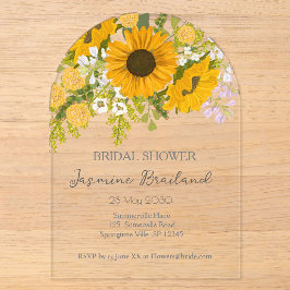 Gelbe moderne Sonnenblumen Bouquet-Brautparty Acryleinladungen