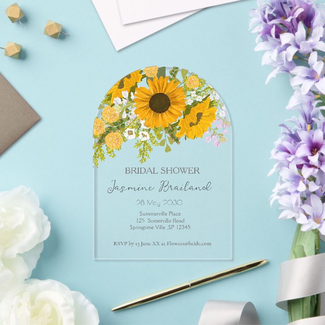 Gelbe moderne Sonnenblumen Bouquet-Brautparty Acryleinladungen (Insitu (Hochzeit))