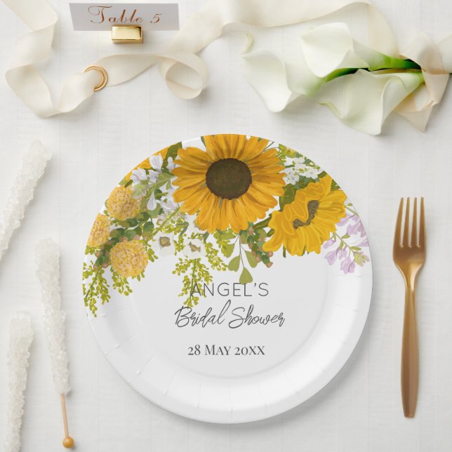 Gelbe moderne Sonnenblumen Bouquet-Brautparty Pappteller (Hochzeit)