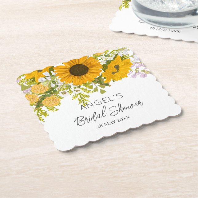 Gelbe moderne Sonnenblumen Bouquet-Brautparty Untersetzer (angewinkelt)