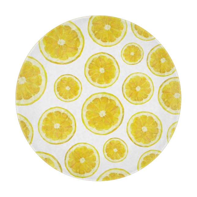 Gelbe, moderne Zitronenscheiben, frische Früchte Schneidebrett (Vorderseite)