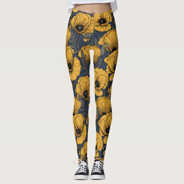 Gelbe Mohn auf der Marine Leggings (Vorderseite)