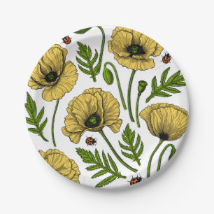 Gelbe Mohn und Ladybugs Pappteller