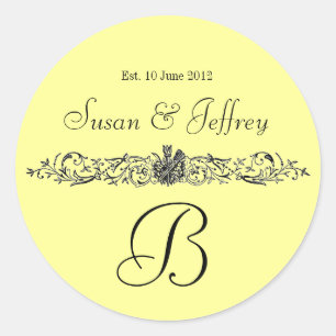 Gelbe Monogramm-Logo-Namen Datum Hochzeitstitel Runder Aufkleber