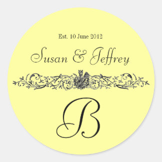 Gelbe Monogramm-Logo-Namen Datum Hochzeitstitel Runder Aufkleber