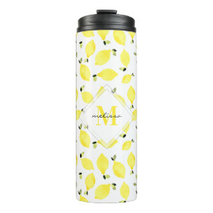 Gelbe Monogramm + Name des Wasserfarben-Zitronenmu Thermosbecher