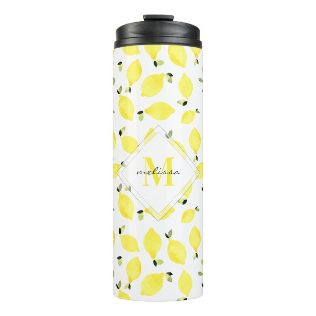 Gelbe Monogramm + Name des Wasserfarben-Zitronenmu Thermosbecher (Vorderseite)