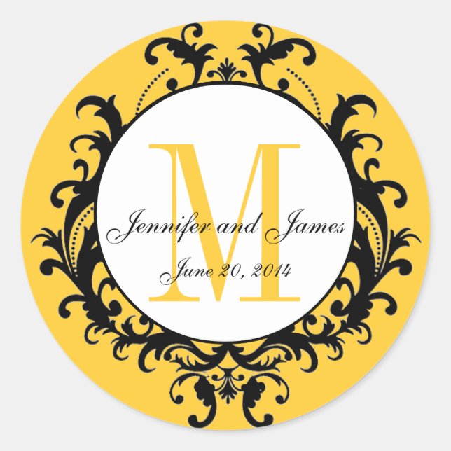 Gelbe Namen für das Hochzeitmonogramm Datum Runder Aufkleber (Vorderseite)