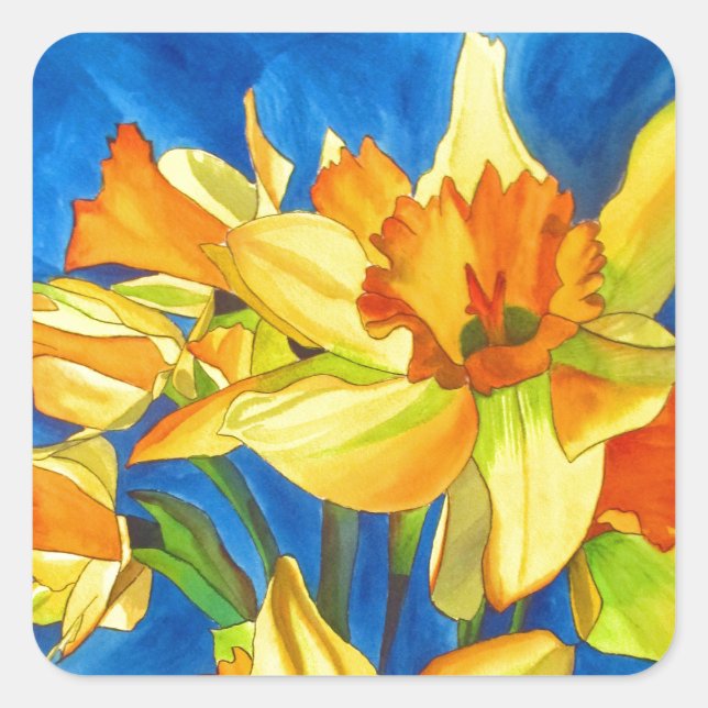 Gelbe Narzisse Aquarellmalerei Quadratischer Aufkleber (Vorderseite)