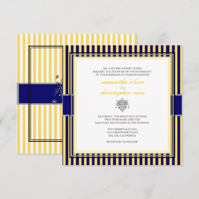 GELBE+NAVY BLAUE STRIPS BREITERINVITATIONEN EINLADUNG (Vorne/Hinten)