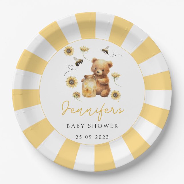 Gelbe niedliche Bärenhonigbiene Babydusche Pappteller (Vorderseite)