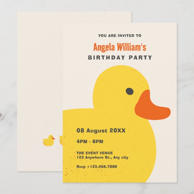 Gelbe niedliche Ente Geburtstag Einladung (Vorne/Hinten)