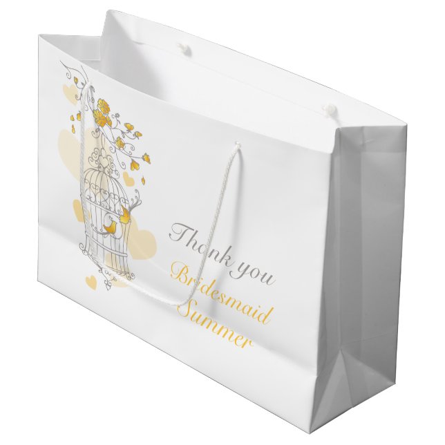 Gelbe, offene Vogelkäfig-Gastgeschenk Hochzeit Große Geschenktüte (Vorderseite Schrägansicht)