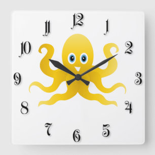Gelbe Oktopie Quadratische Wanduhr