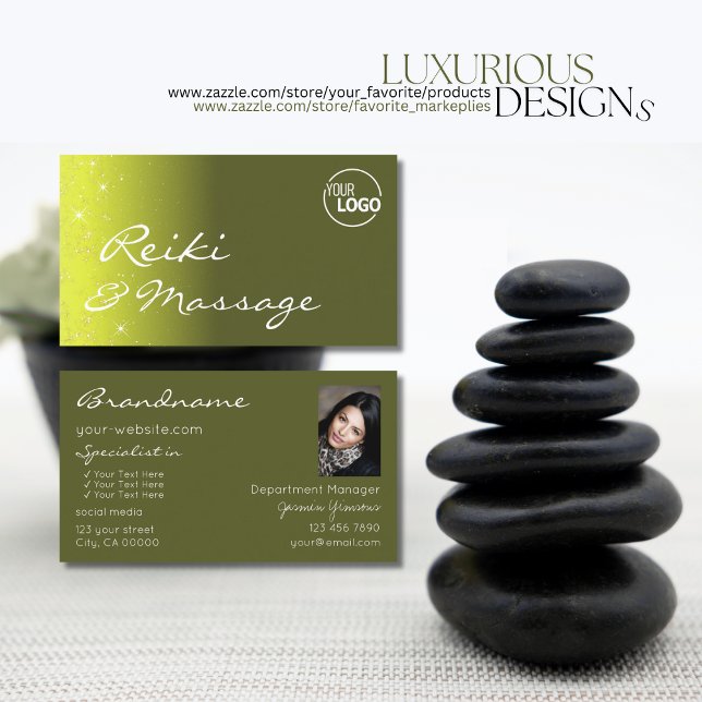 Gelbe Olive Glitzer Stars mit Logo und Foto Visitenkarte (Von Creator hochgeladen)